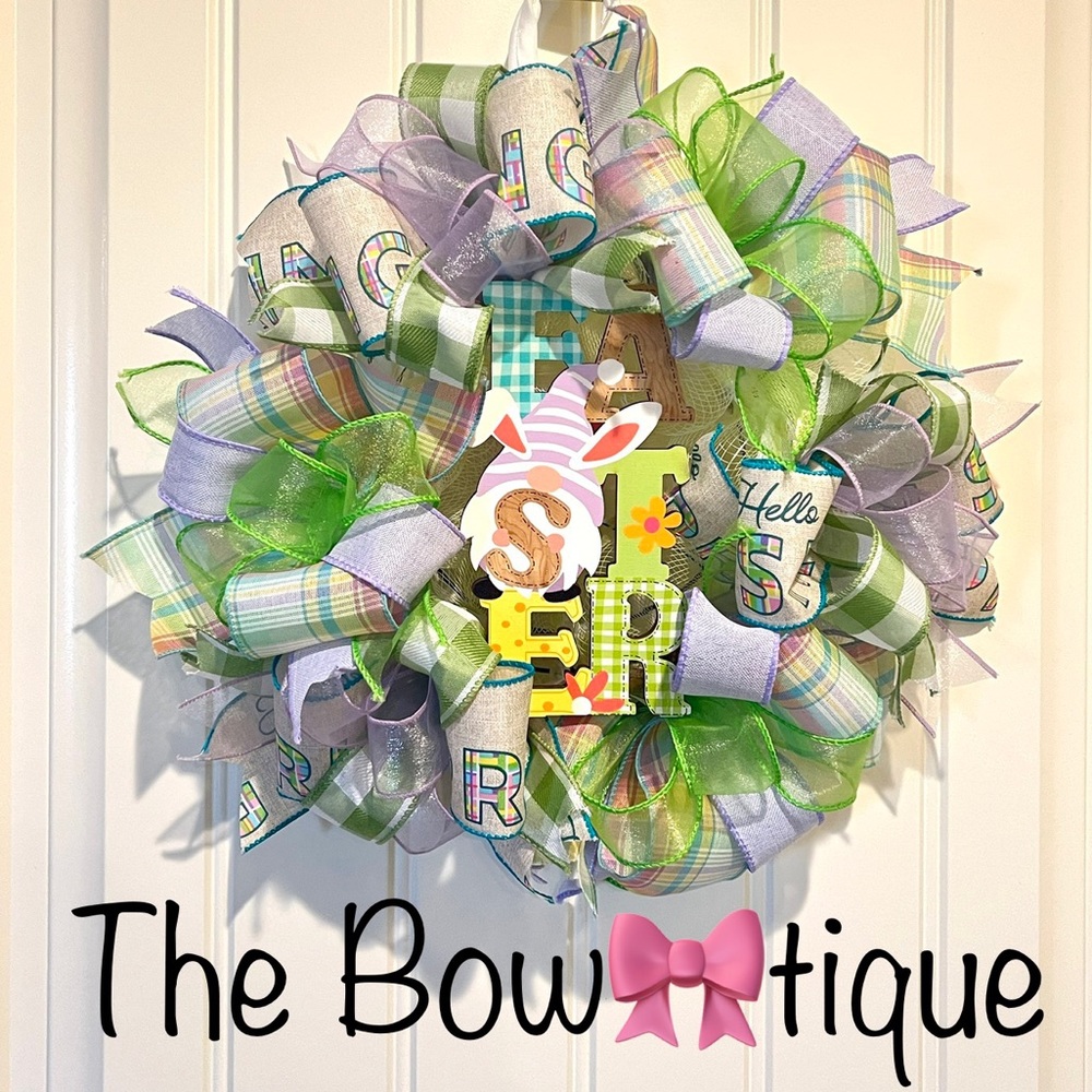 13” Ribbon Wreath "EASTER " Gnome Sign Hello Spring Handmade MW7